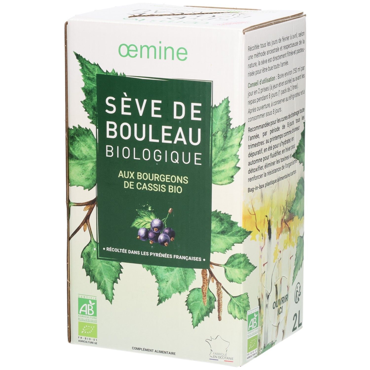 Emballage avec feuilles de bouleau et de cassis, mention "Sève de Bouleau Biologique".