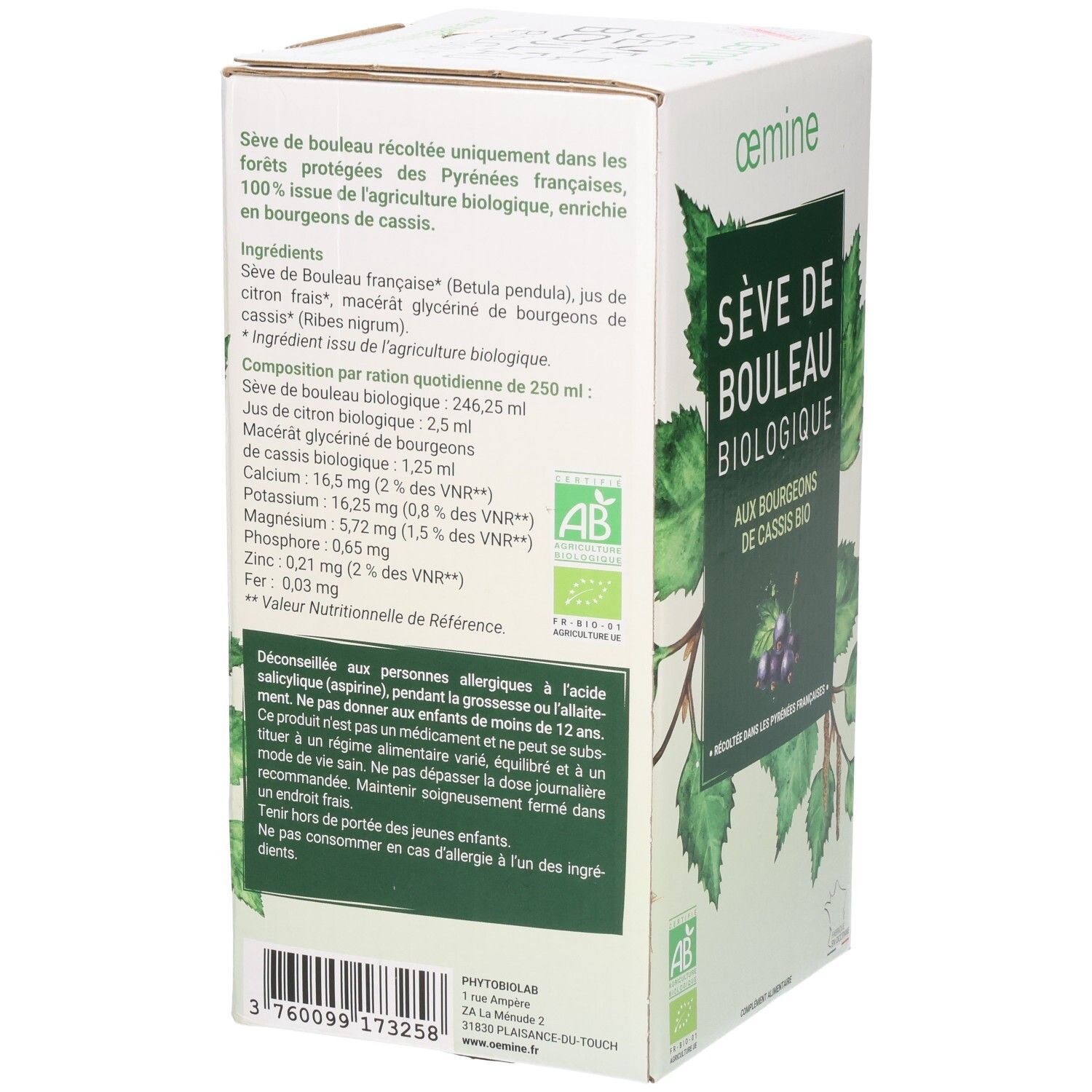 Arrière de l'emballage avec liste des ingrédients et valeurs nutritionnelles, mention "Sève de Bouleau Biologique".