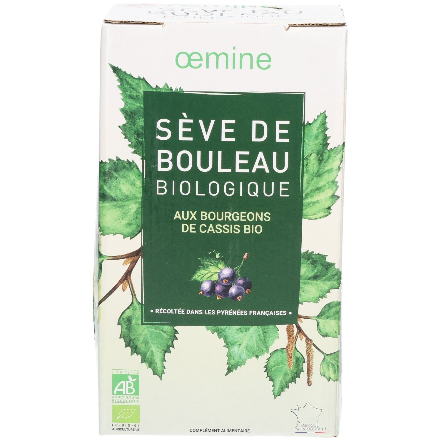 Emballage avec feuilles de bouleau et de cassis, mention "Sève de Bouleau Biologique".