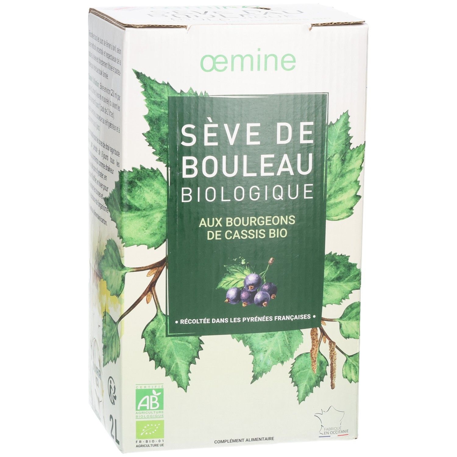 Emballage avec feuilles de bouleau et de cassis, mention "2L" et "Ouvrir Ici".