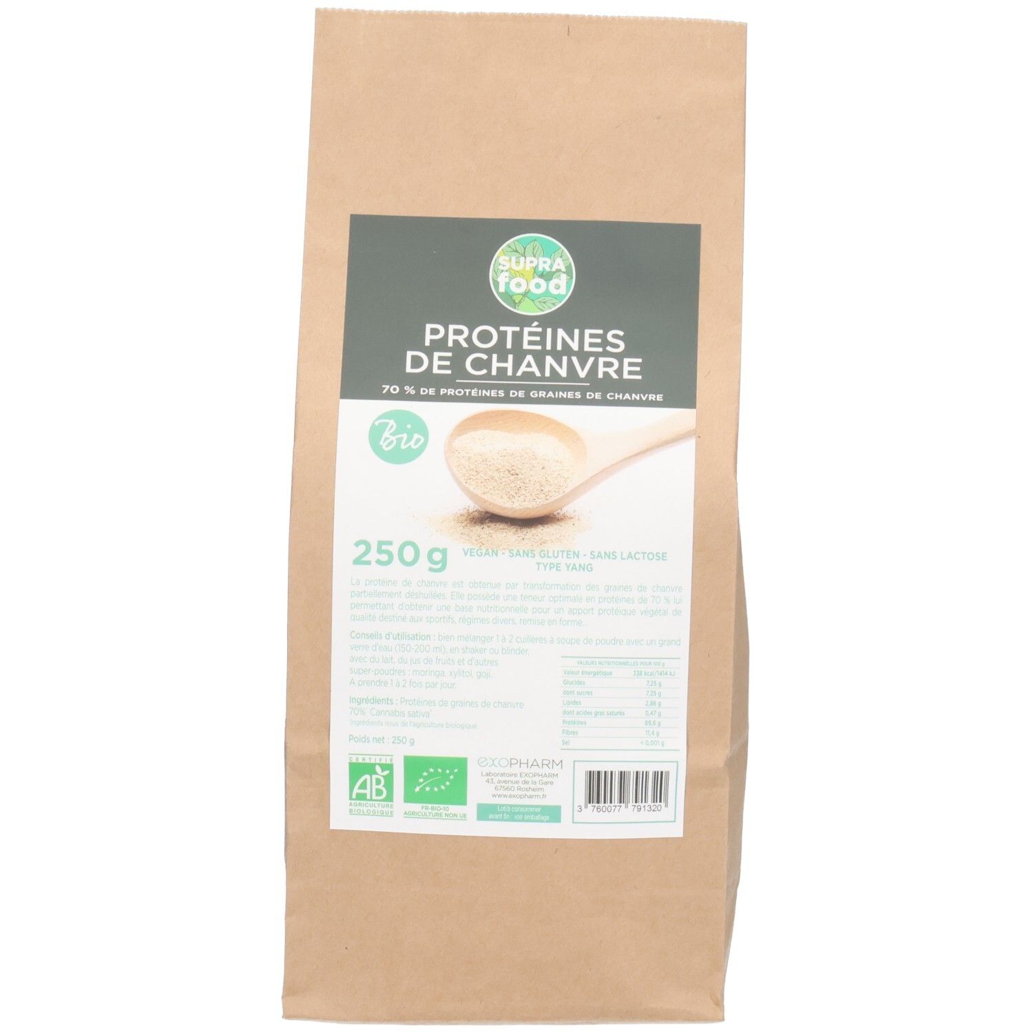 Sachet de protéines SUPRAFOOD. Inscription : Protéines de Chanvre, 70% Bio, 250g. Labels bio.