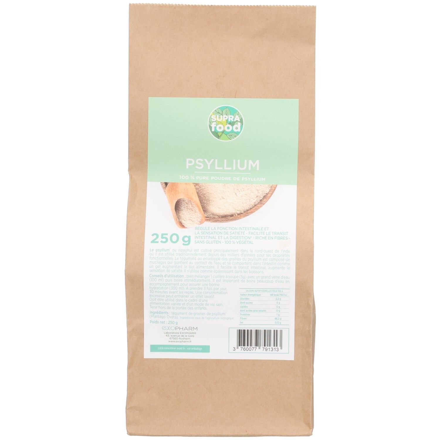 Sachet de SUPRAFOOD PSYLLIUM PDR. Étiquette verte et blanche avec nom du produit et 250g. Emballage en papier brun.