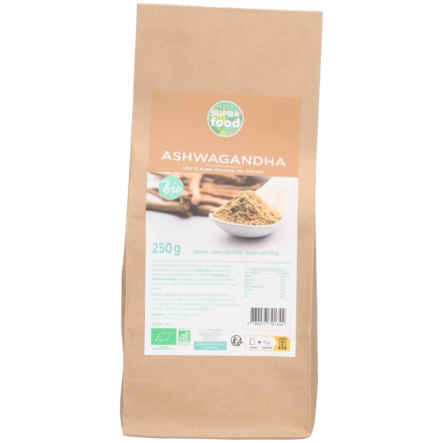 Sachet en papier brun avec impression. Étiquette avec nom du produit, logo et informations nutritionnelles. Certification bio.