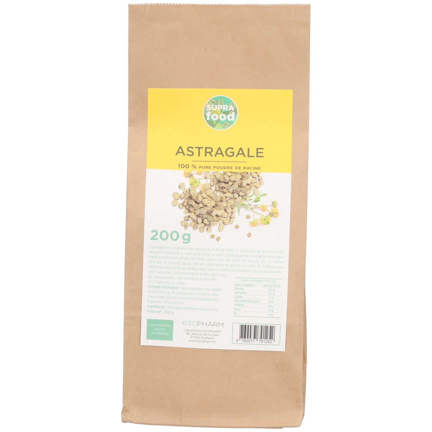 Sachet avec étiquette jaune. Inscription: SUPRAFOOD, ASTRAGALE, 200g. Représentation de matière végétale.