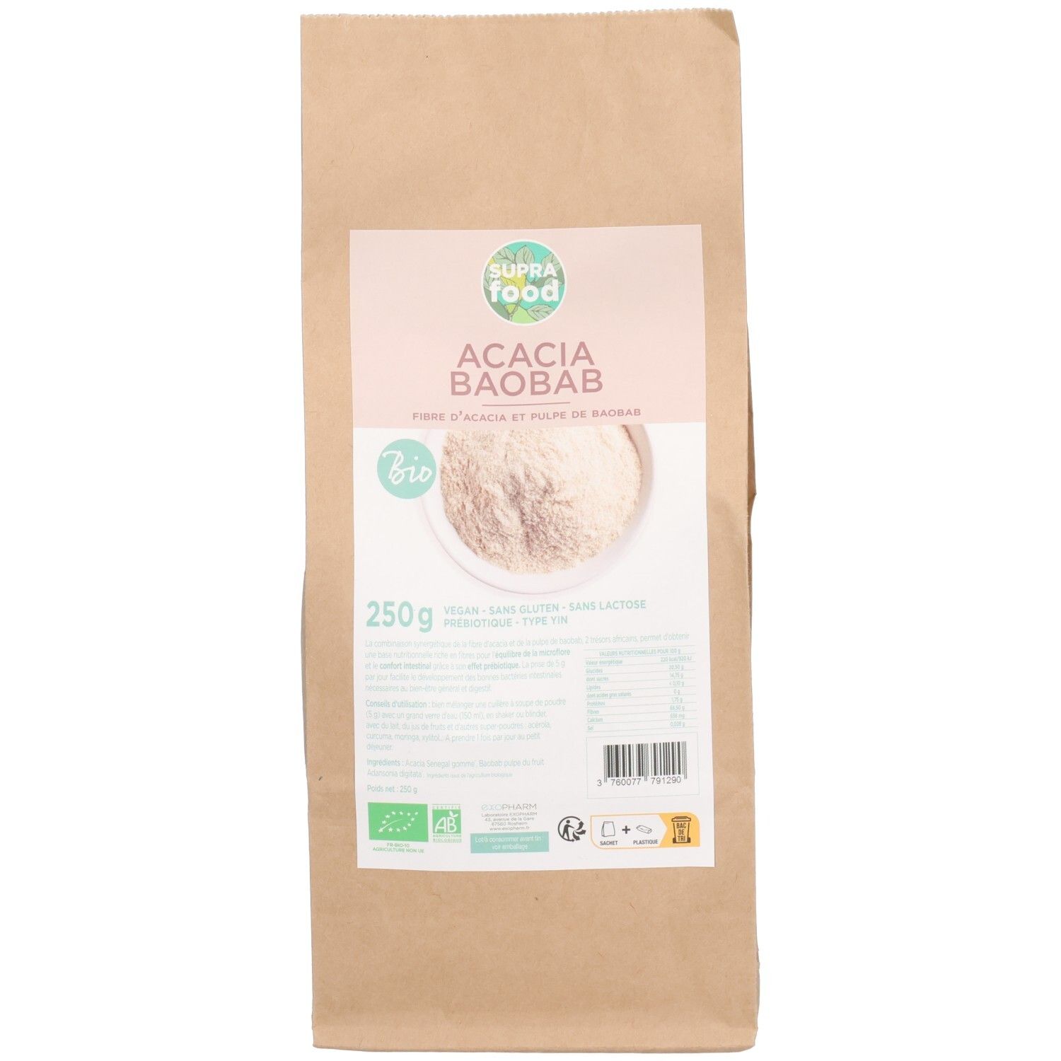 Sac SUPRAFOOD ACACIA/BAOB PDR BIO. Nom du produit, logo et informations imprimés. Certification biologique visible.