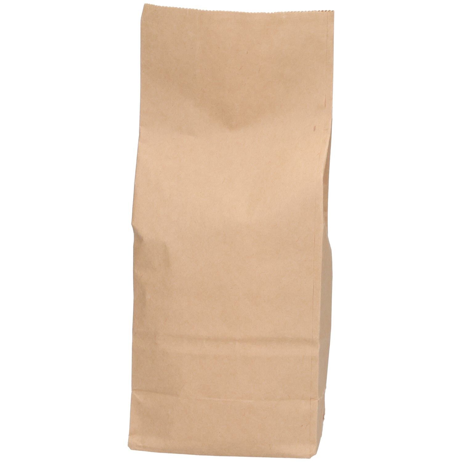 Sac en papier brun, vide. Vue de face, forme rectangulaire. Partie supérieure fermée.