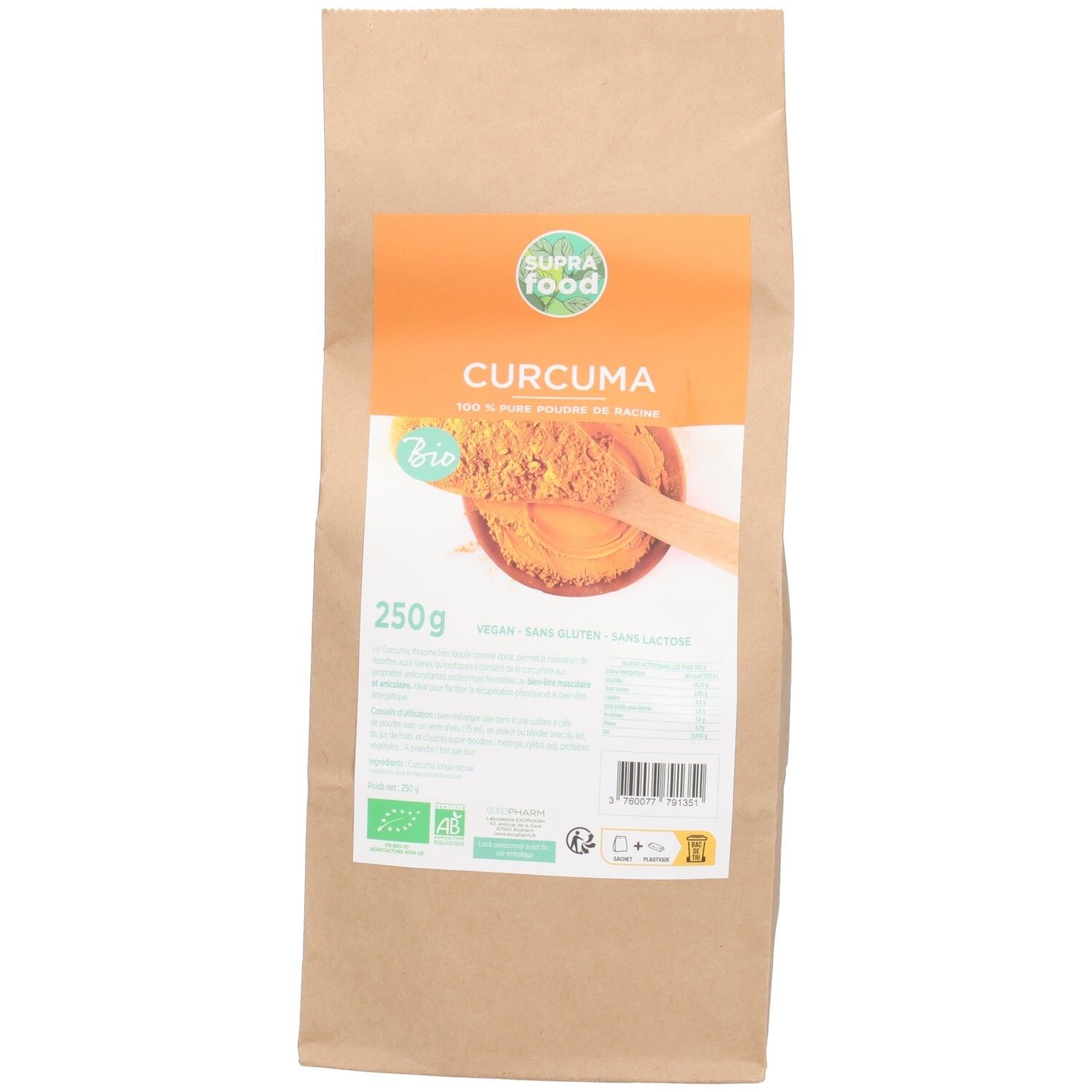 Sachet en papier avec étiquette orange. Nom du produit et logo. Certification bio. Contenance 250g.
