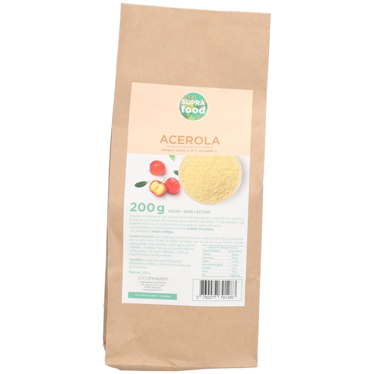 Sachet de SUPRAFOOD ACEROLA PDR. Impression avec nom du produit, image d'acérola, 200g, vegan, sans lactose. Détails d'étiquette vert et blanc.