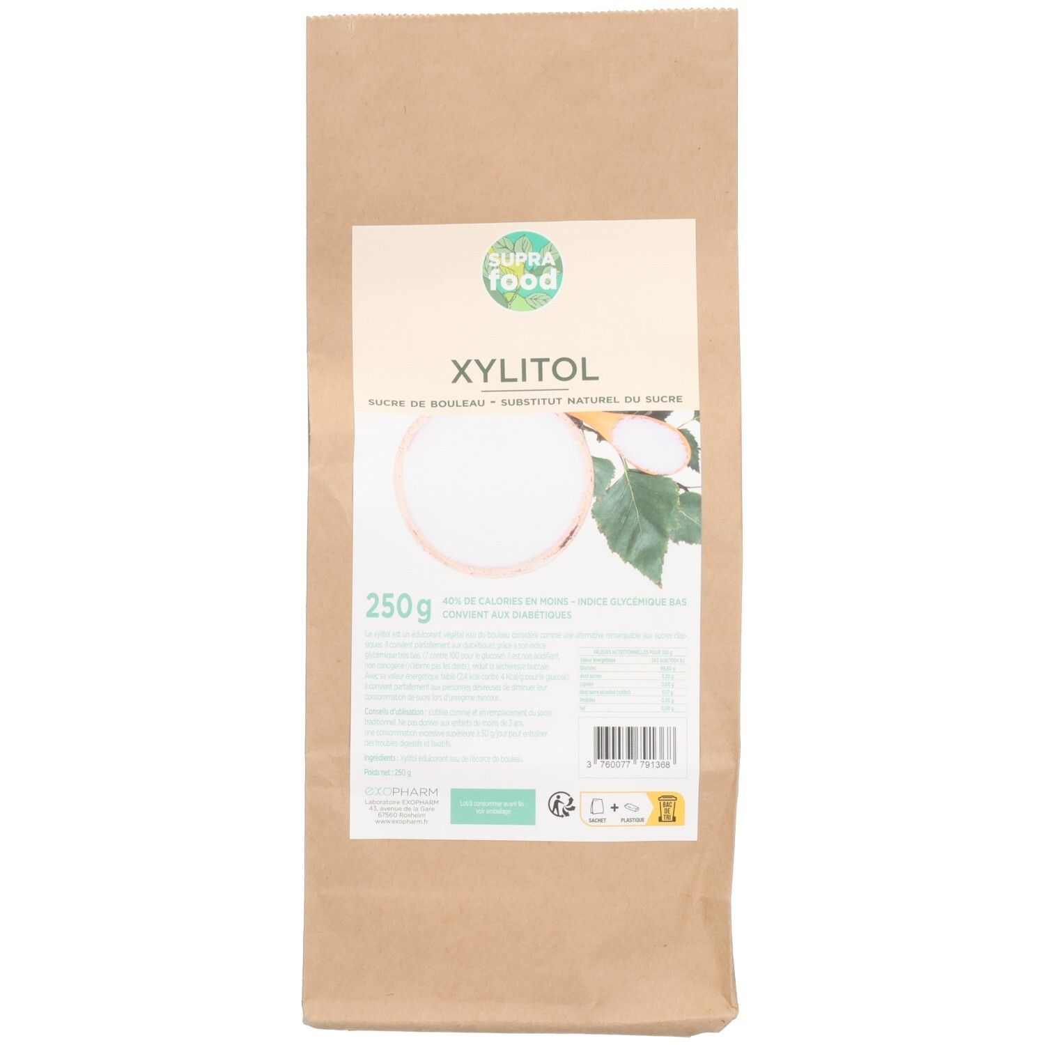 Sachet en papier brun avec étiquette blanche. Inscription : SUPRAFOOD, XYLITOL, 250g. Substitut de sucre naturel.