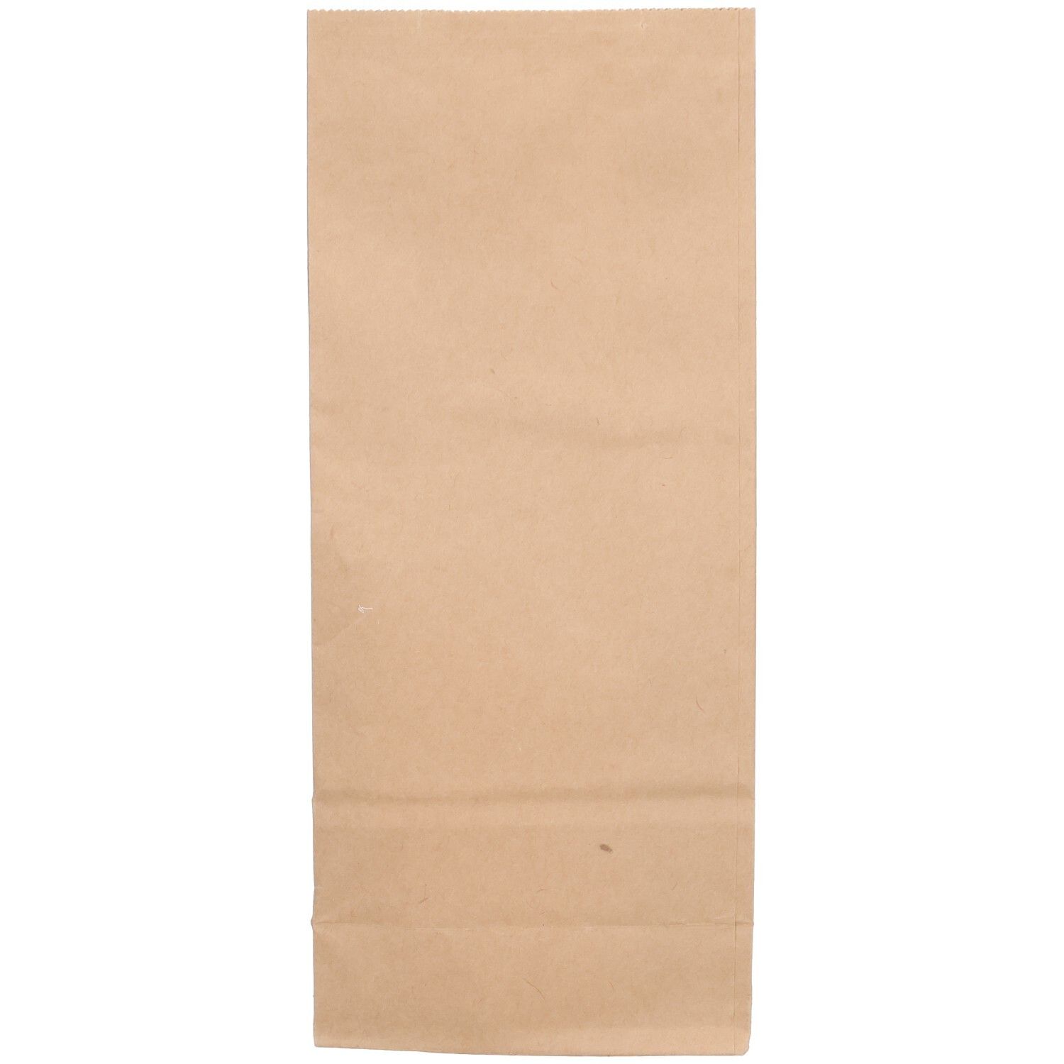 Sachet en papier brun, rectangulaire, vide. Face avant avec pli.