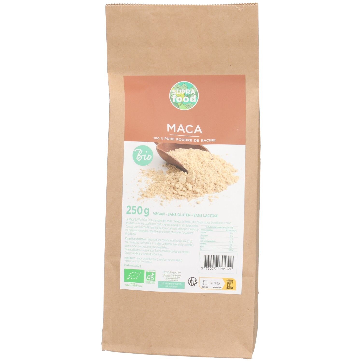 Sac SUPRAFOOD MACA BIO PDR. Sac en papier brun avec étiquette. Étiquette avec nom du produit, logo, informations et label bio.
