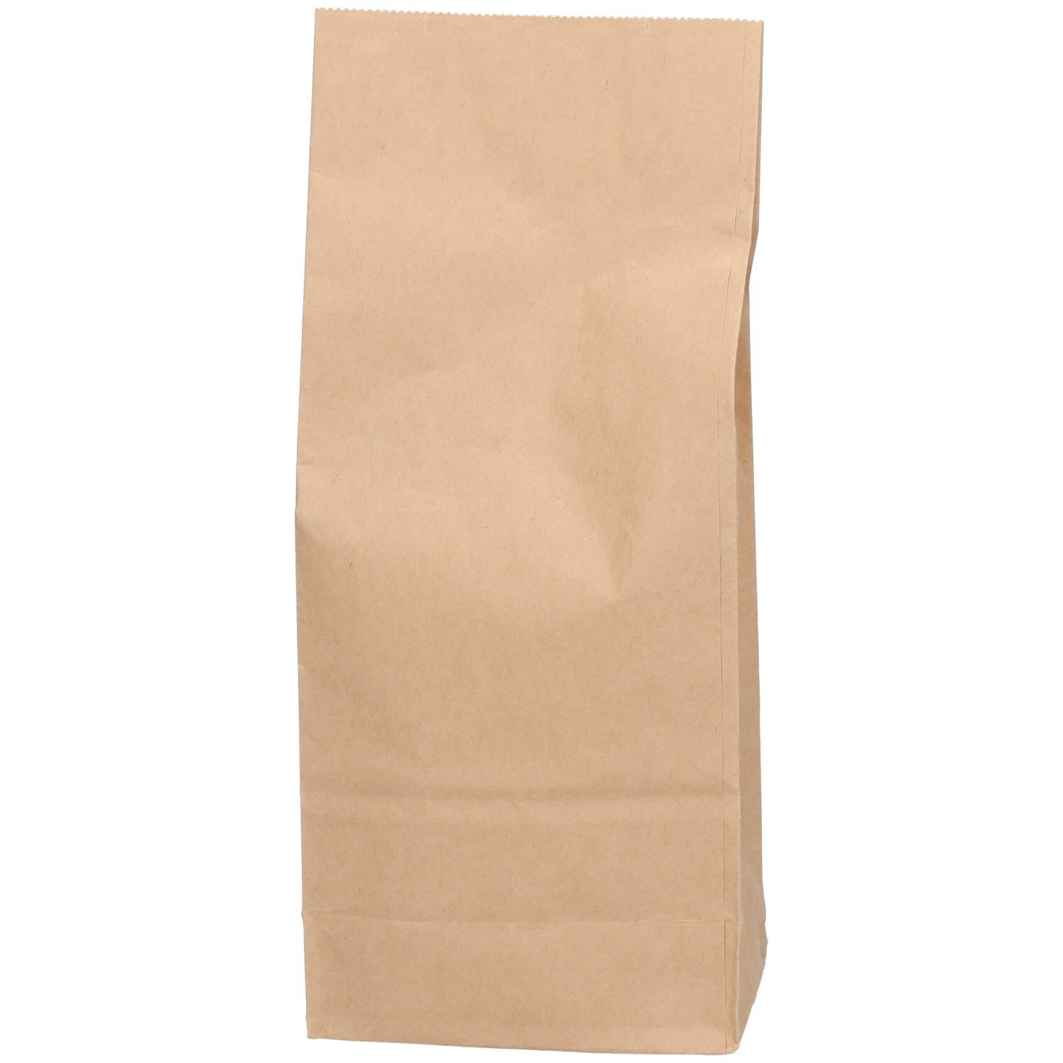 Sac en papier brun, vide. Vue de face d'un sac en papier brun vide. Haut ouvert, bas fermé.