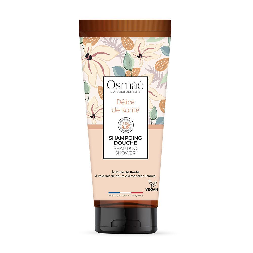 Tube de Shampoing Douche Délice de Karité OSMAE. Design beige et marron avec motif floral. Bouchon noir.