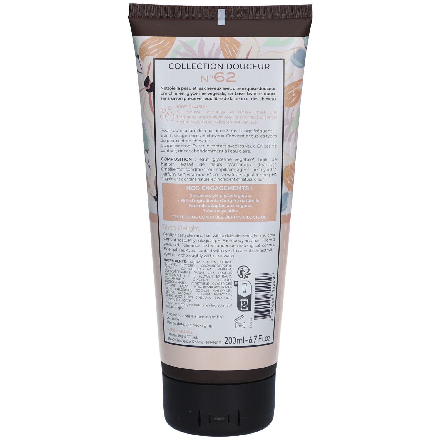 Dos du tube OSMAE Shampoing Douche Délice de Karité. Texte: Collection Douceur, ingrédients, Vegan, 200ml-6.7 fl.oz.
