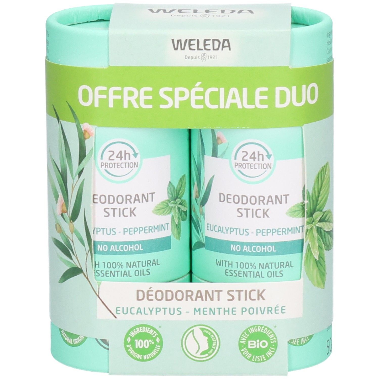 Deux déodorants en bâton dans un emballage vert. Inscription : WELEDA, OFFRE SPÉCIALE DUO, EODORANT STICK, Eucalyptus-Menthe poivrée. Protection 24h.