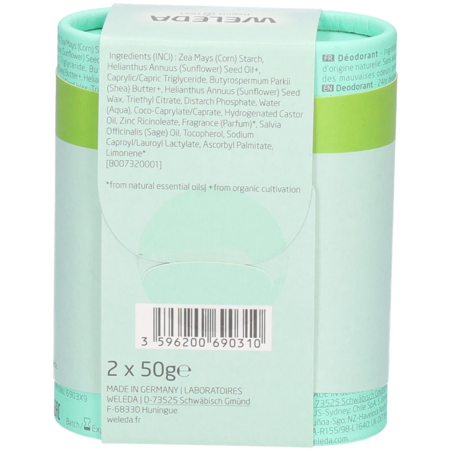 Dos de l'emballage avec ingrédients et informations fabricant. Contient 2 x 50g. Avec label bio et code-barres.