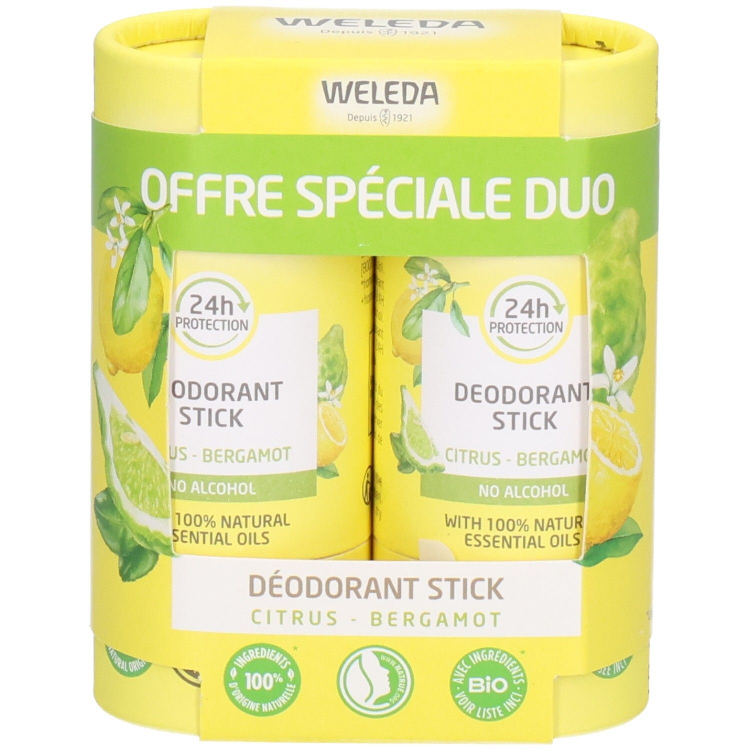 Coffret duo jaune avec deux sticks déodorants. Inscriptions : "24H Protection", "Citrus-Bergamote", "100% huiles essentielles naturelles".