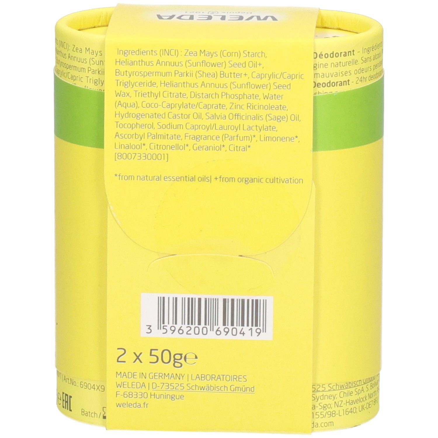 Dos du coffret duo. Contient les ingrédients, les informations du fabricant et le label bio. Deux sticks déodorants sont visibles.
