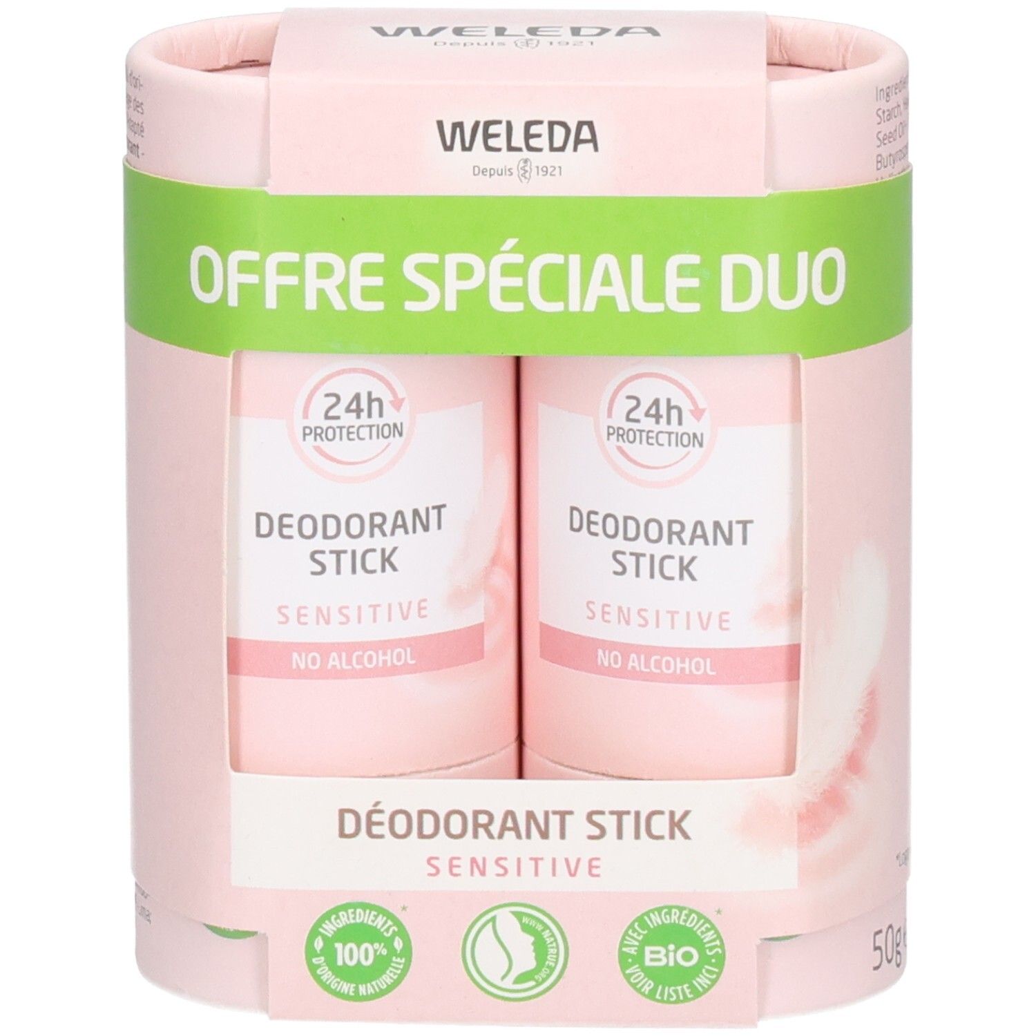 Deux sticks déodorants roses dans un emballage. Inscription : "OFFRE SPÉCIALE DUO". Logo et texte "WELEDA".