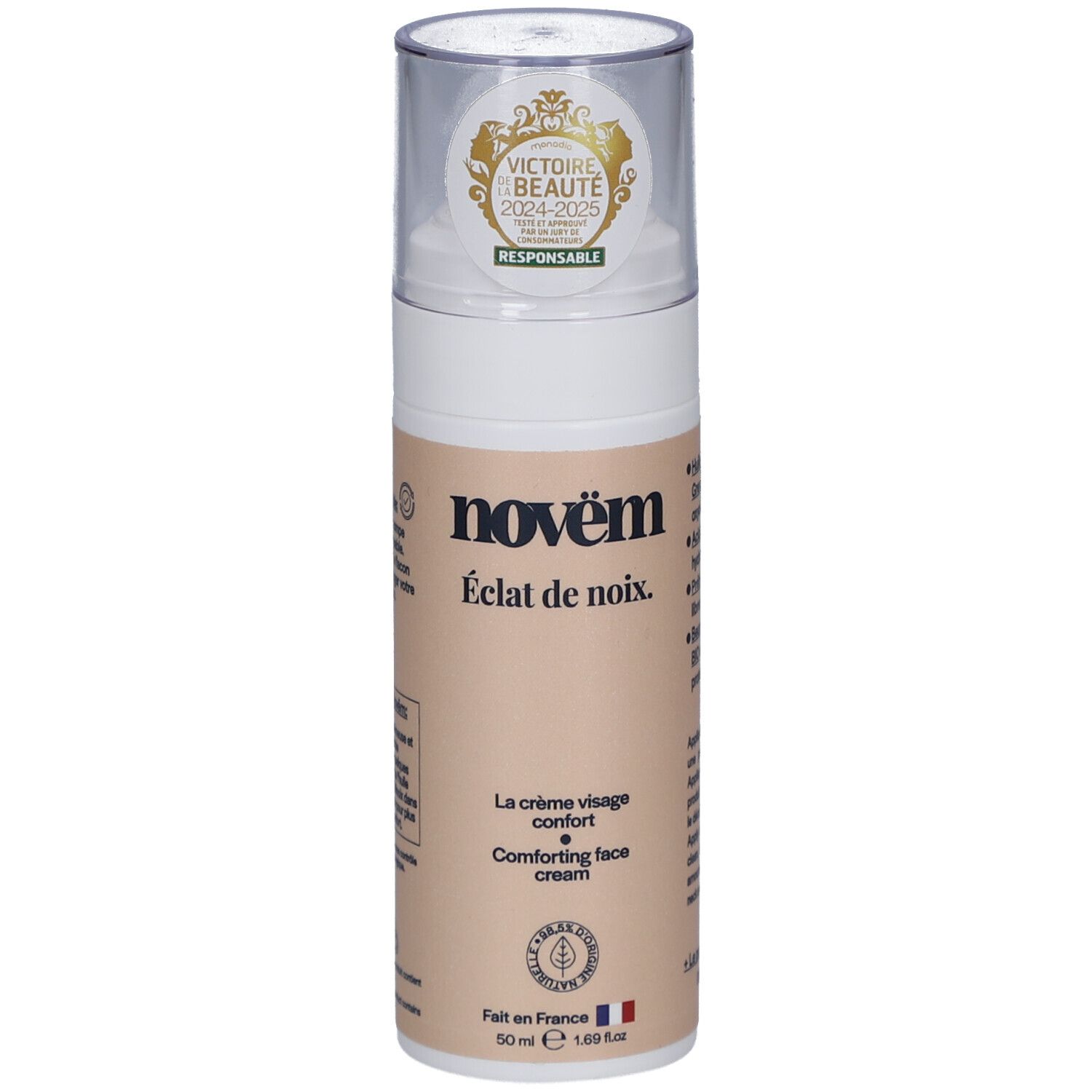 Flacon de crème avec nom du produit et récompenses. Drapeau français et indication de volume.