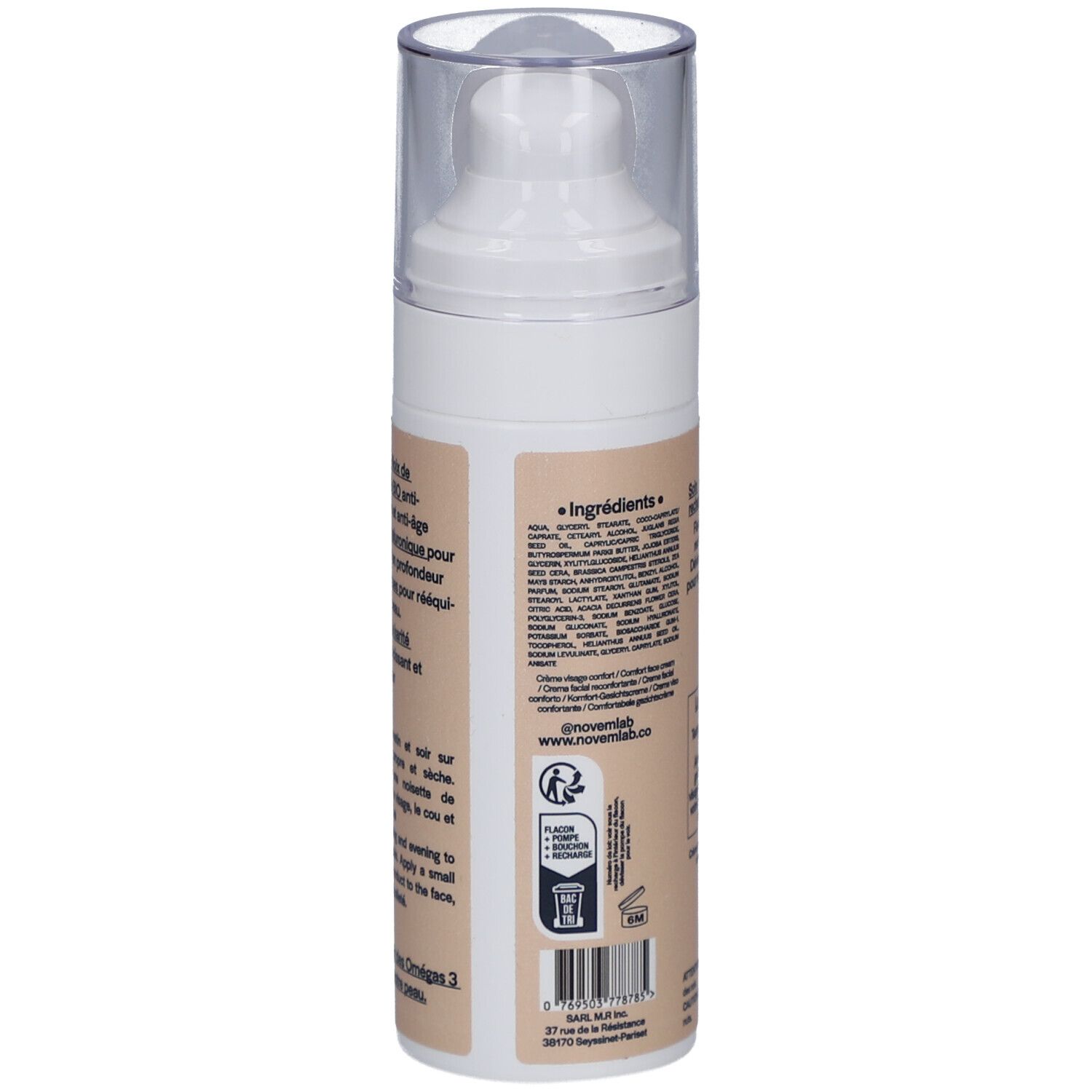 Dos du flacon de crème. Liste des ingrédients et logo de recyclage. Nom du produit non visible.