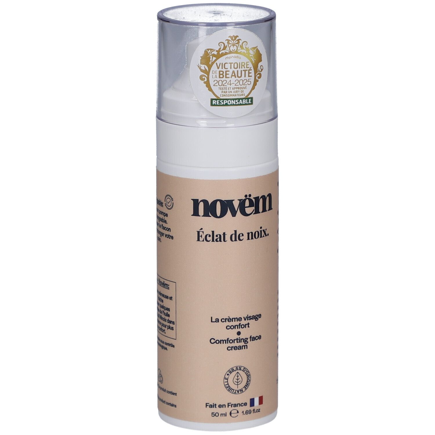 Flacon de crème avec nom du produit et récompenses. Drapeau français et indication de volume.