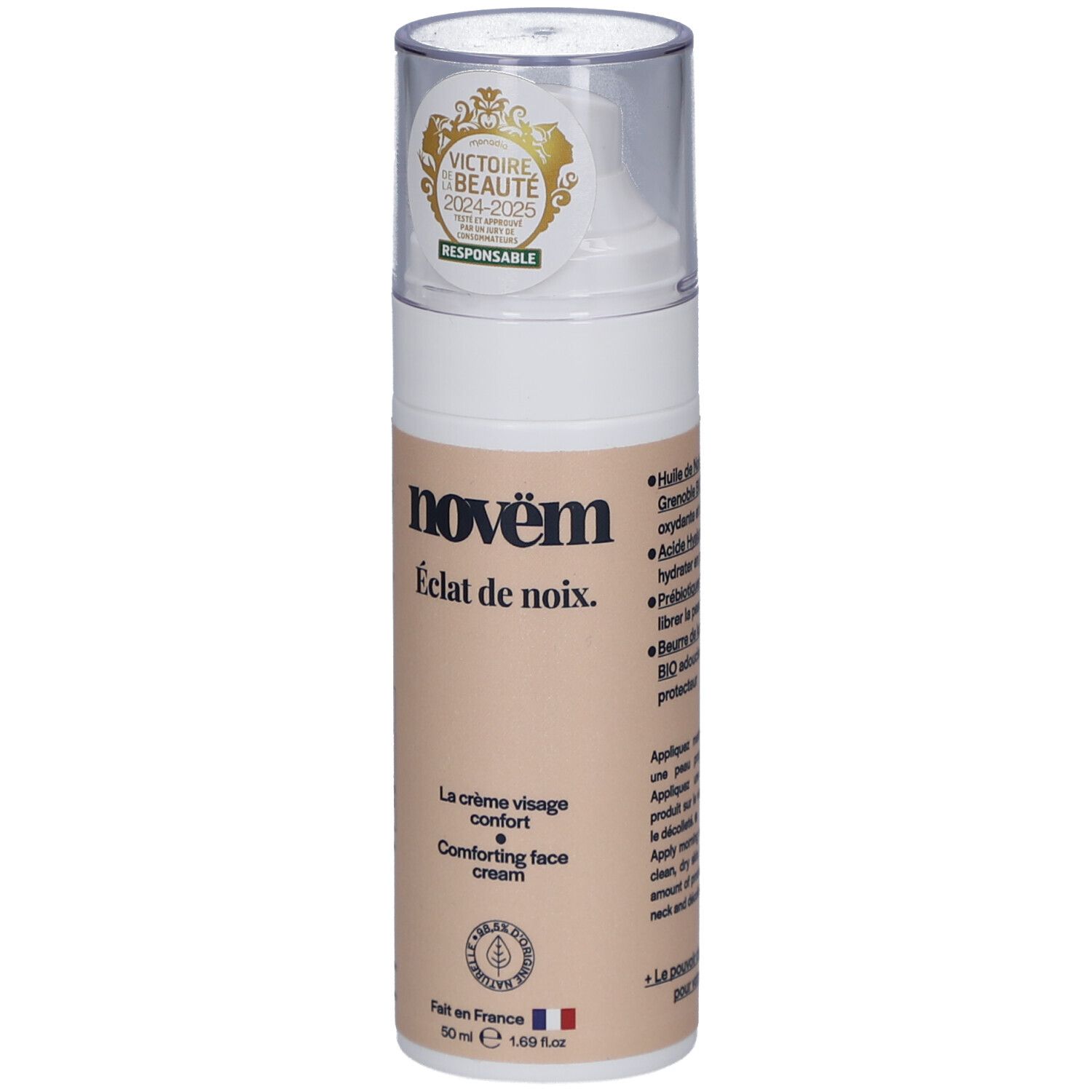 Flacon de crème avec nom du produit et récompenses. Ingrédients et mode d'emploi.