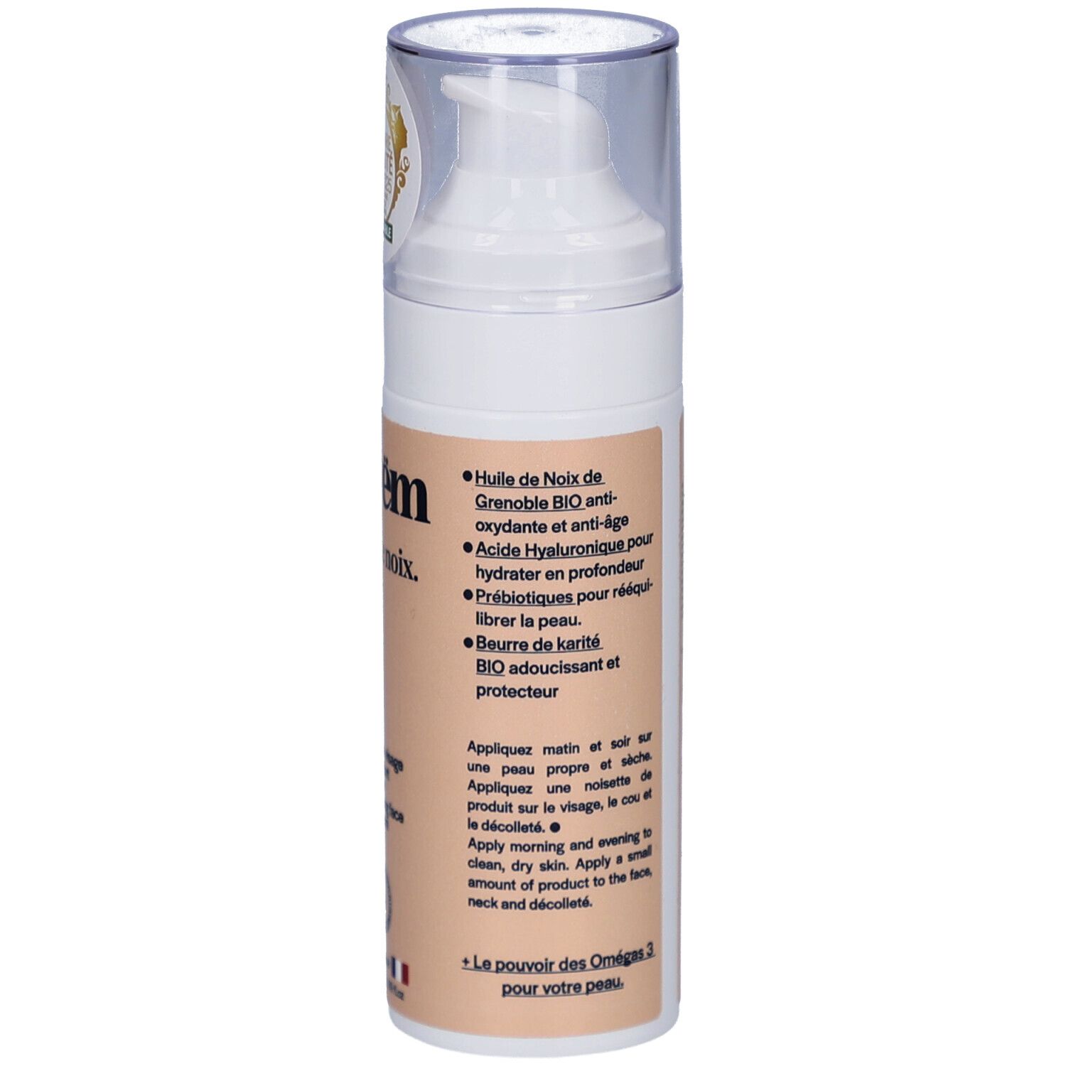 Dos du flacon de crème. Ingrédients et mode d'emploi. Nom du produit non visible.