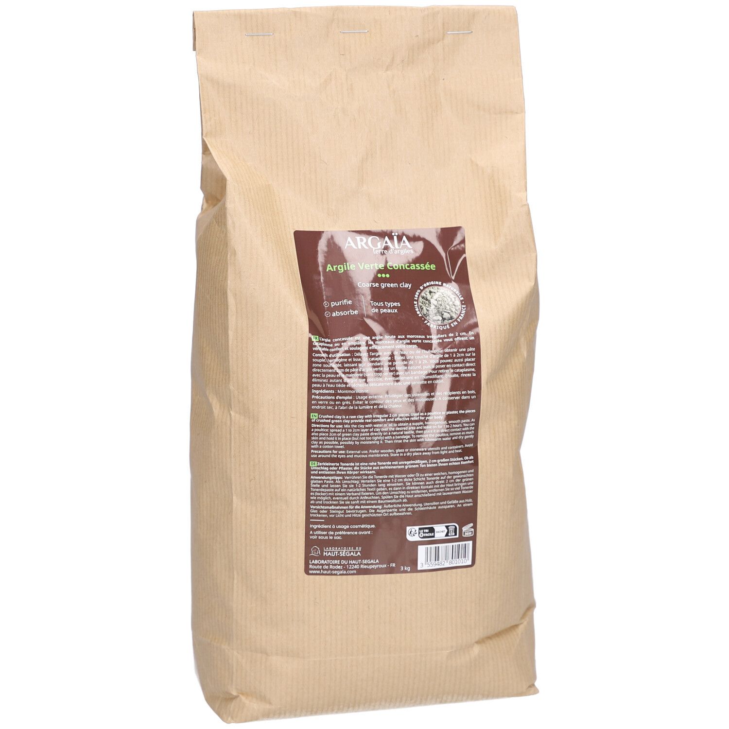 Sac en papier brun. Étiquette avec informations produit: Argïa Argile Verte concassée naturelle.