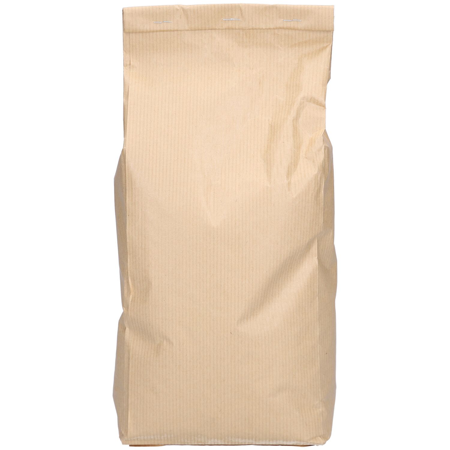 Sac en papier brun avec rayures verticales. Aucune information produit visible.