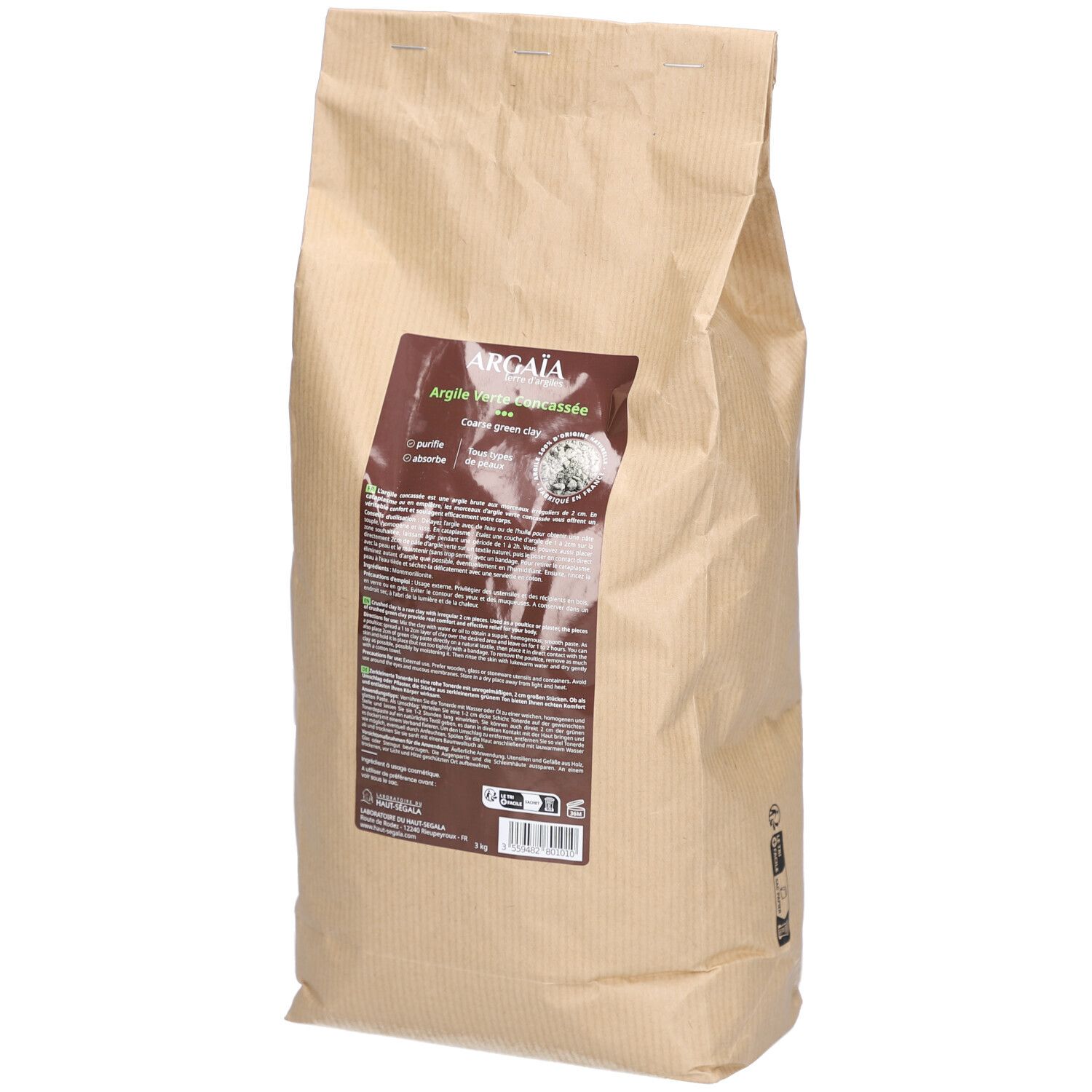 Sac en papier brun. Étiquette avec informations produit: Argïa Argile Verte concassée naturelle.