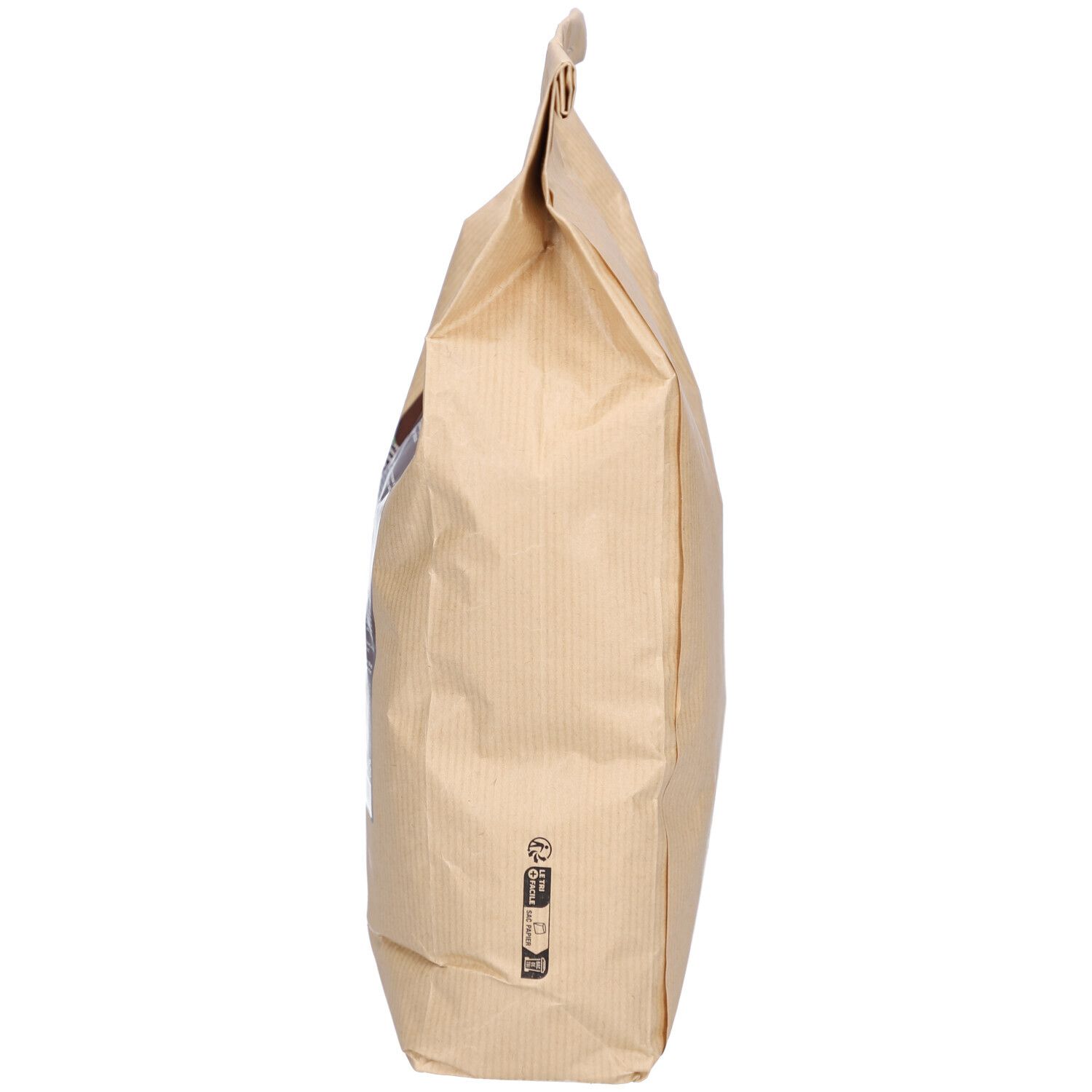 Vue latérale d'un sac en papier brun. Aucune information produit visible.