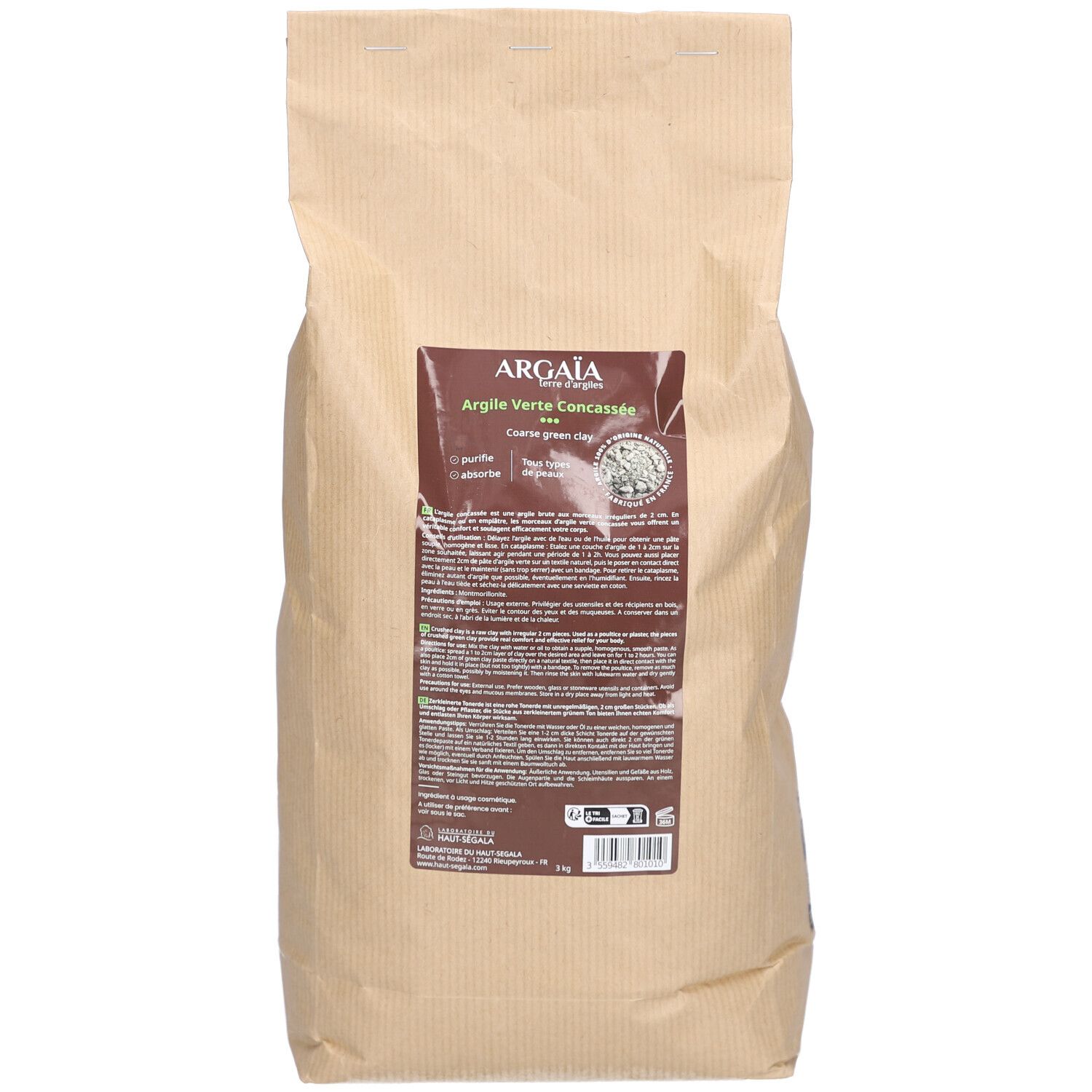 Sac en papier brun. Étiquette avec informations produit: Argïa Argile Verte concassée.