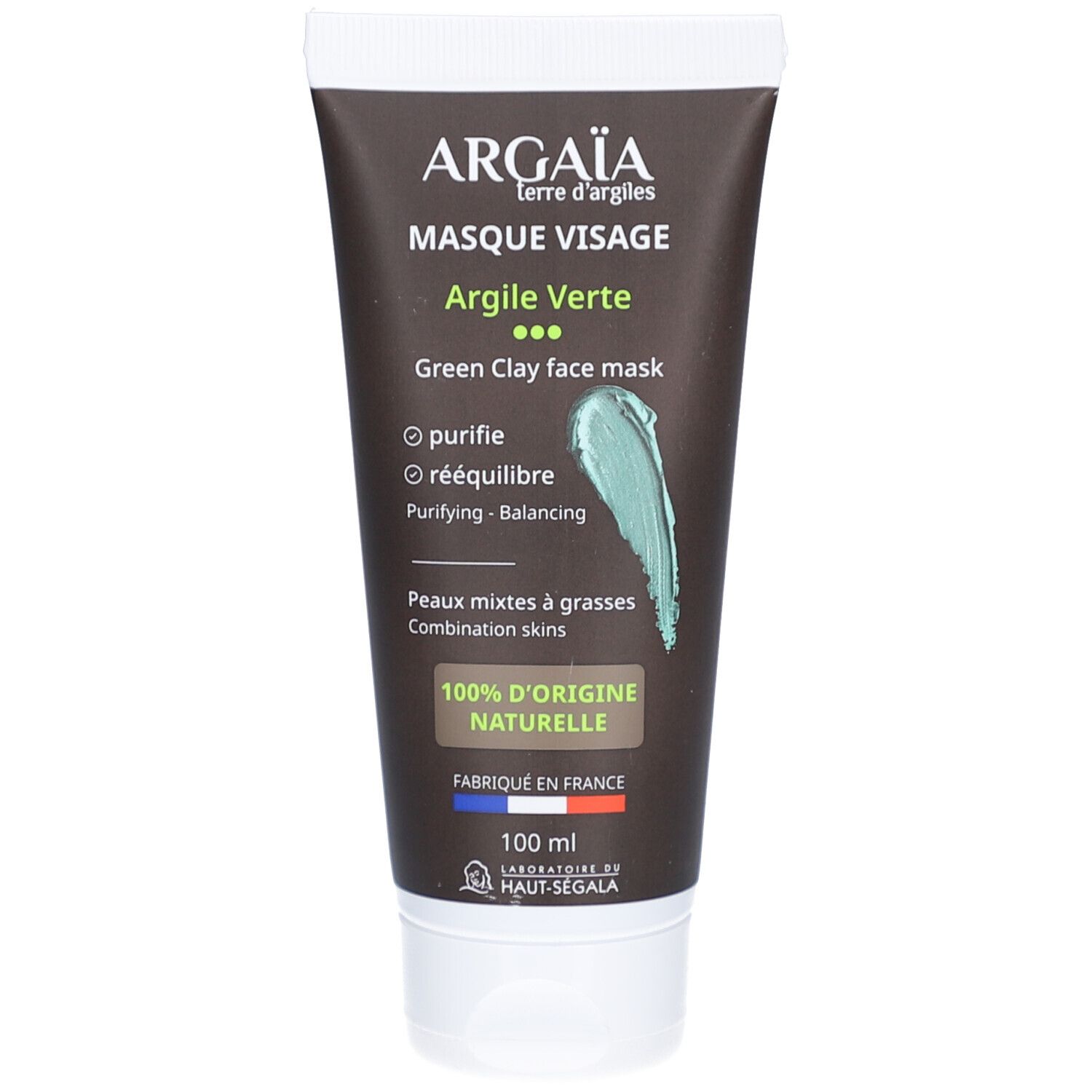 Tube de masque facial à l'argile verte. Marque: Argaia. Inscription: Masque Visage, Argile Verte, Green Clay face mask. 100% d'origine naturelle.