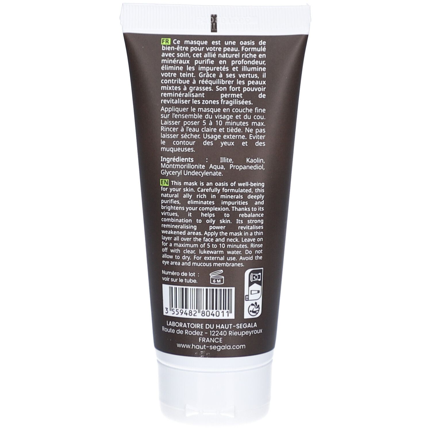 Dos du tube. Texte: Ingrédients, mode d'emploi, Laboratoire du Haut-Ségala. Code-barres et symboles de recyclage.