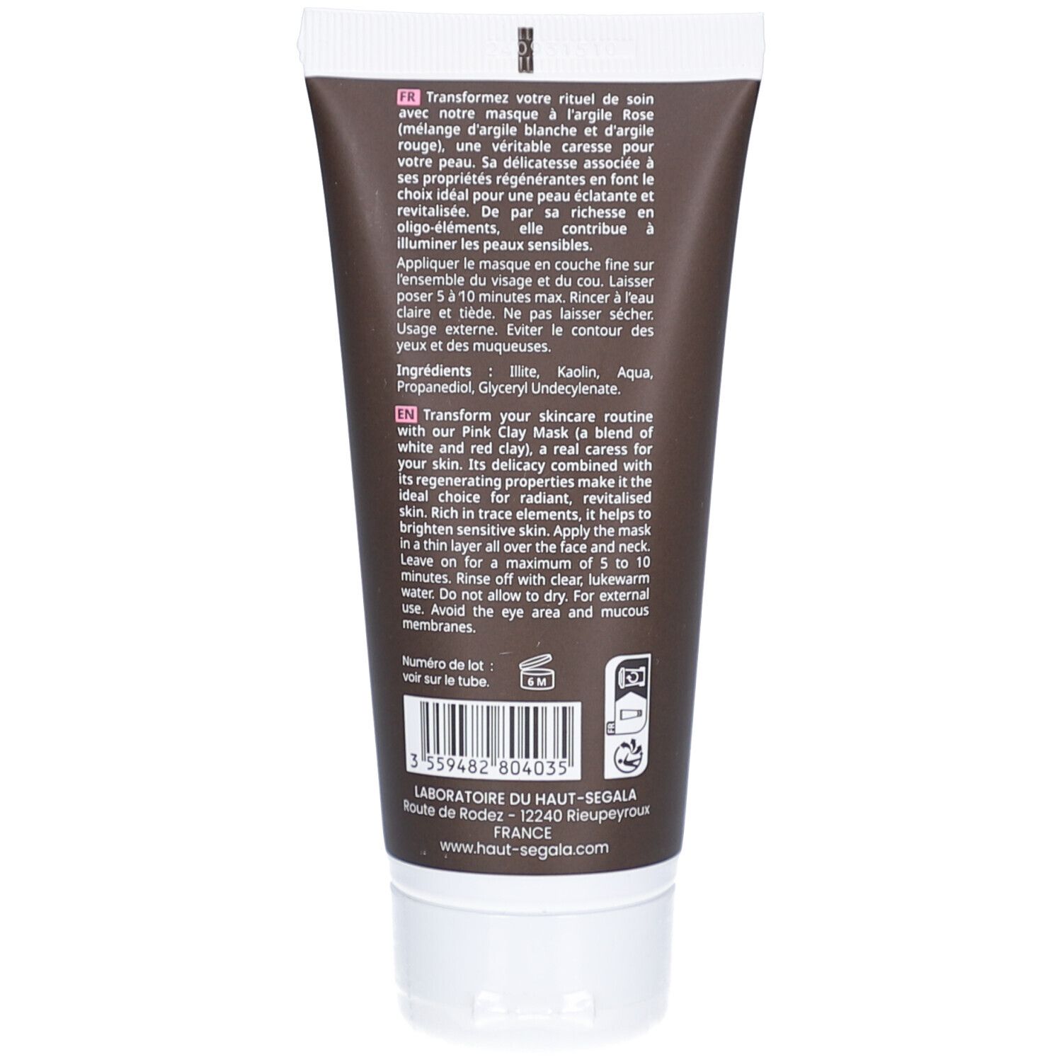 Dos du tube avec texte. Ingrédients, mode d'emploi, informations fabricant. Texte en français et anglais.