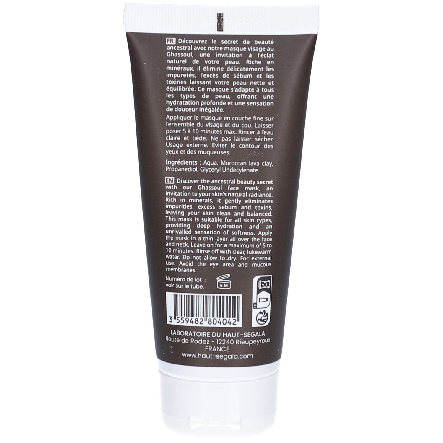 Dos d'un tube de masque facial. Texte: Ingrédients, mode d'emploi, numéro de lot. Logo: Laboratoires du Haut-Ségala. Fabriqué en France.