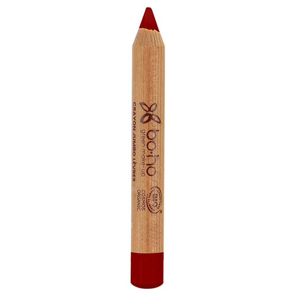 Rouge à lèvres rouge en forme de crayon. Corps en bois, pointe rouge. Inscription: BOHO, COSMOS ORGANIC.