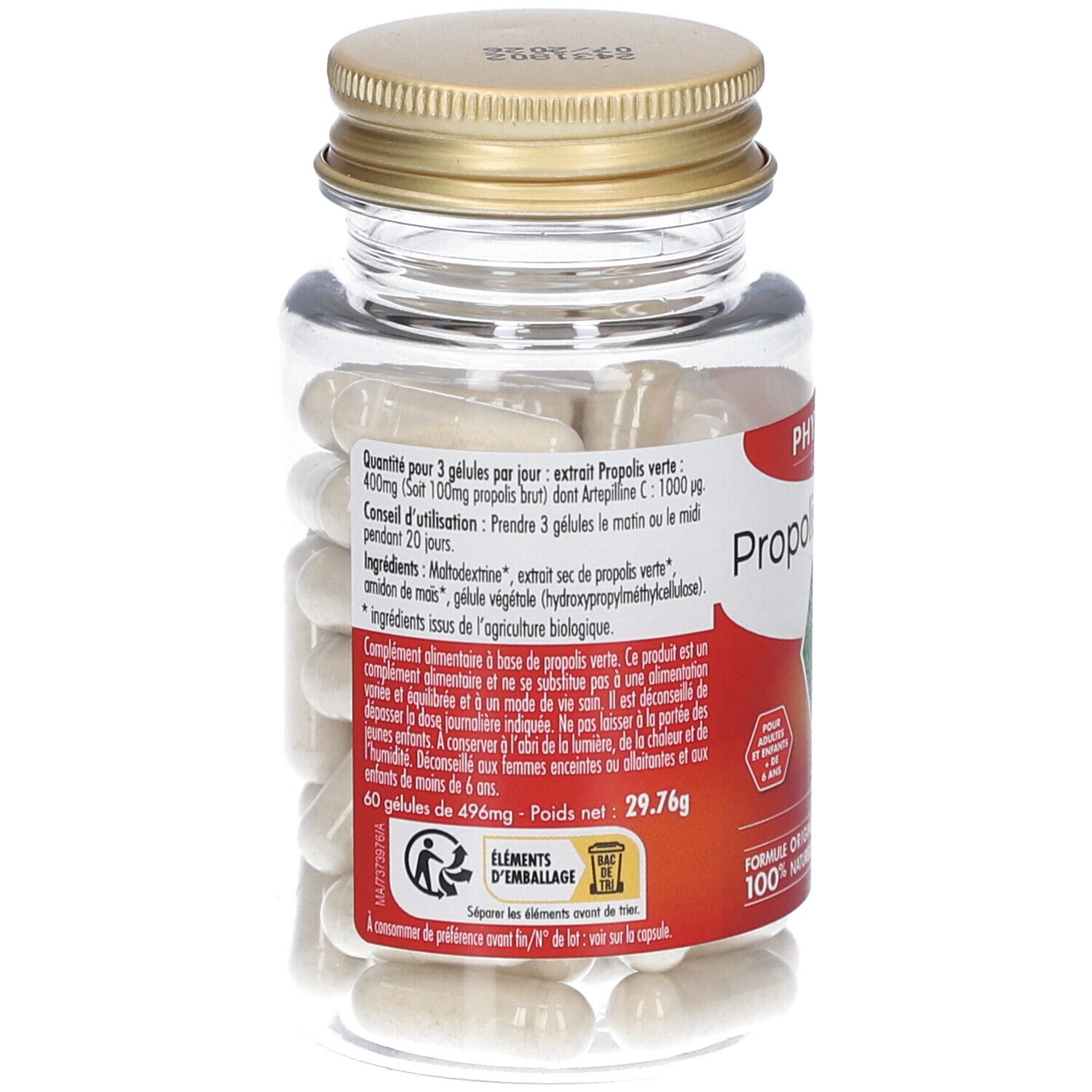 Vue arrière du flacon. Contient des gélules blanches. Étiquette avec informations produit, ingrédients et certification bio.