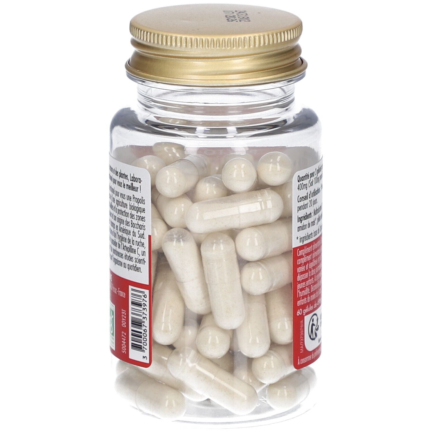 Flacon transparent avec gélules blanches. Bouchon doré. Étiquette avec informations produit au dos.