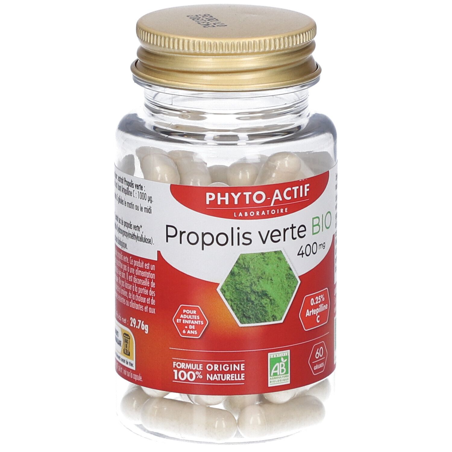 Flacon transparent avec bouchon doré. Contient des gélules blanches. Étiquette avec nom du produit et certification bio.