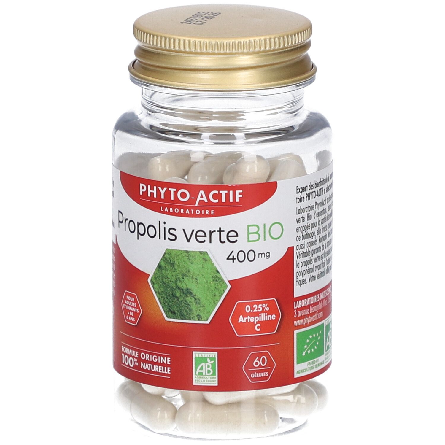 Flacon transparent avec bouchon doré. Contient des gélules blanches. Étiquette avec nom du produit et certification bio.