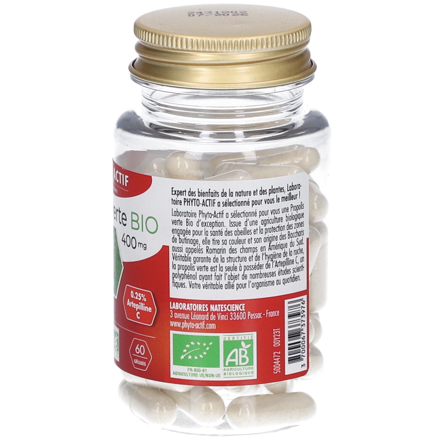 Vue arrière du flacon. Contient des gélules blanches. Étiquette avec informations produit, ingrédients et certification bio.