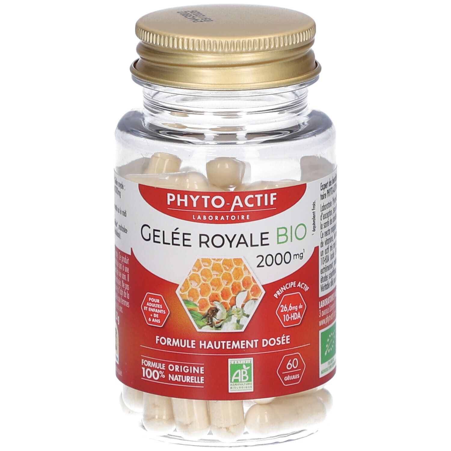 Flacon transparent de gélules. Étiquette avec nom du produit, label BIO et 2000mg. Bouchon doré.