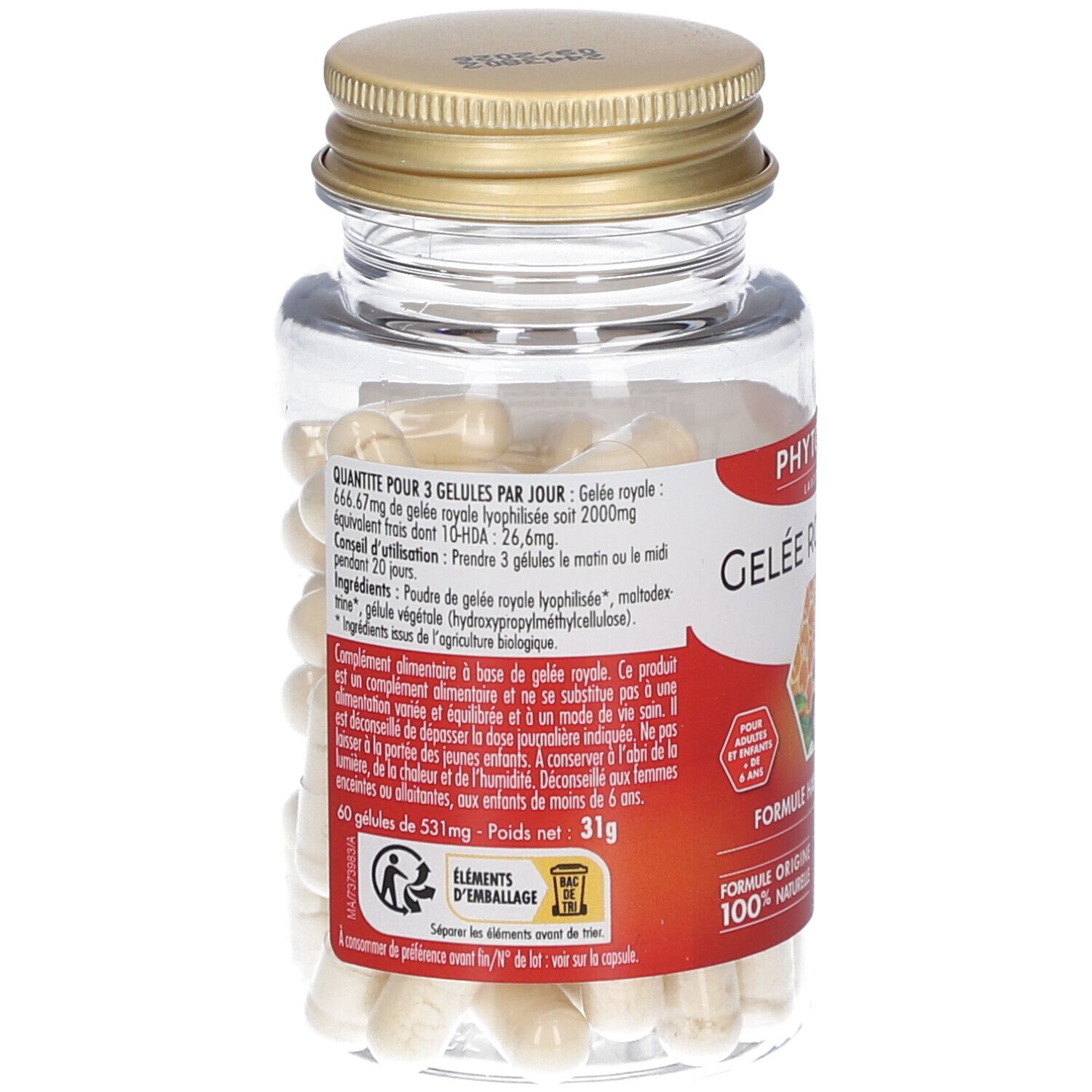 Dos du flacon de gélules. Étiquette avec informations nutritionnelles et conseils d'utilisation. Bouchon doré.