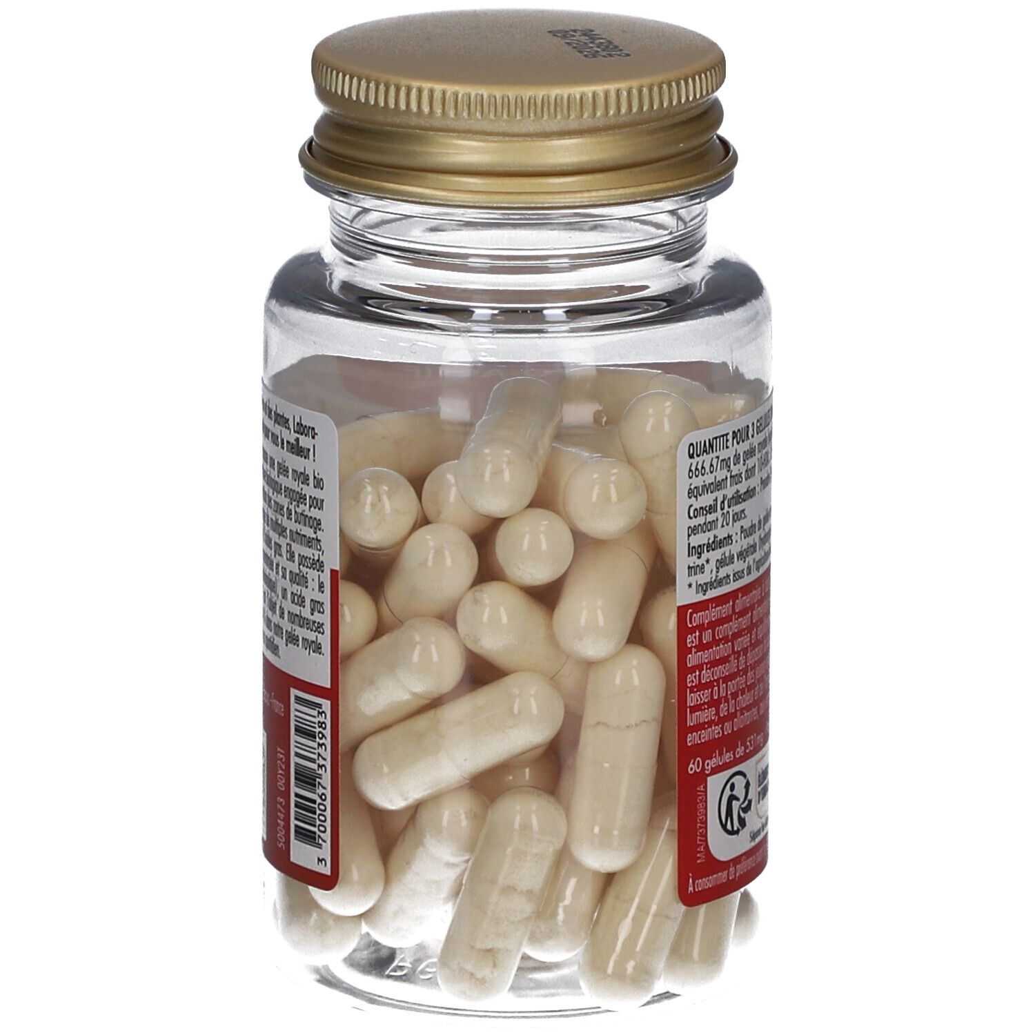 Flacon en verre transparent avec bouchon doré. Contient des gélules ovales crème. Étiquettes rouges avec texte.