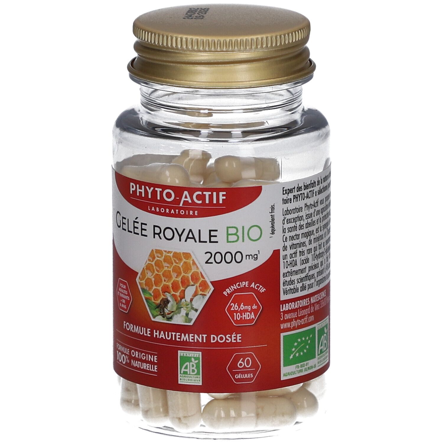 Flacon transparent de gélules. Étiquette avec nom du produit, label BIO et 2000mg. Bouchon doré.