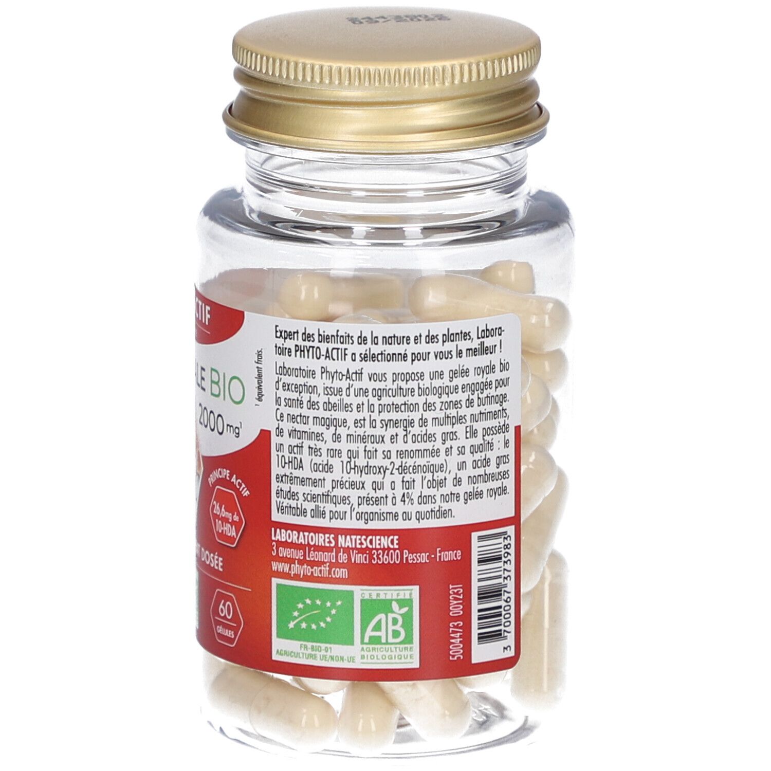 Dos du flacon de gélules. Étiquette avec informations et coordonnées du fabricant. Bouchon doré.