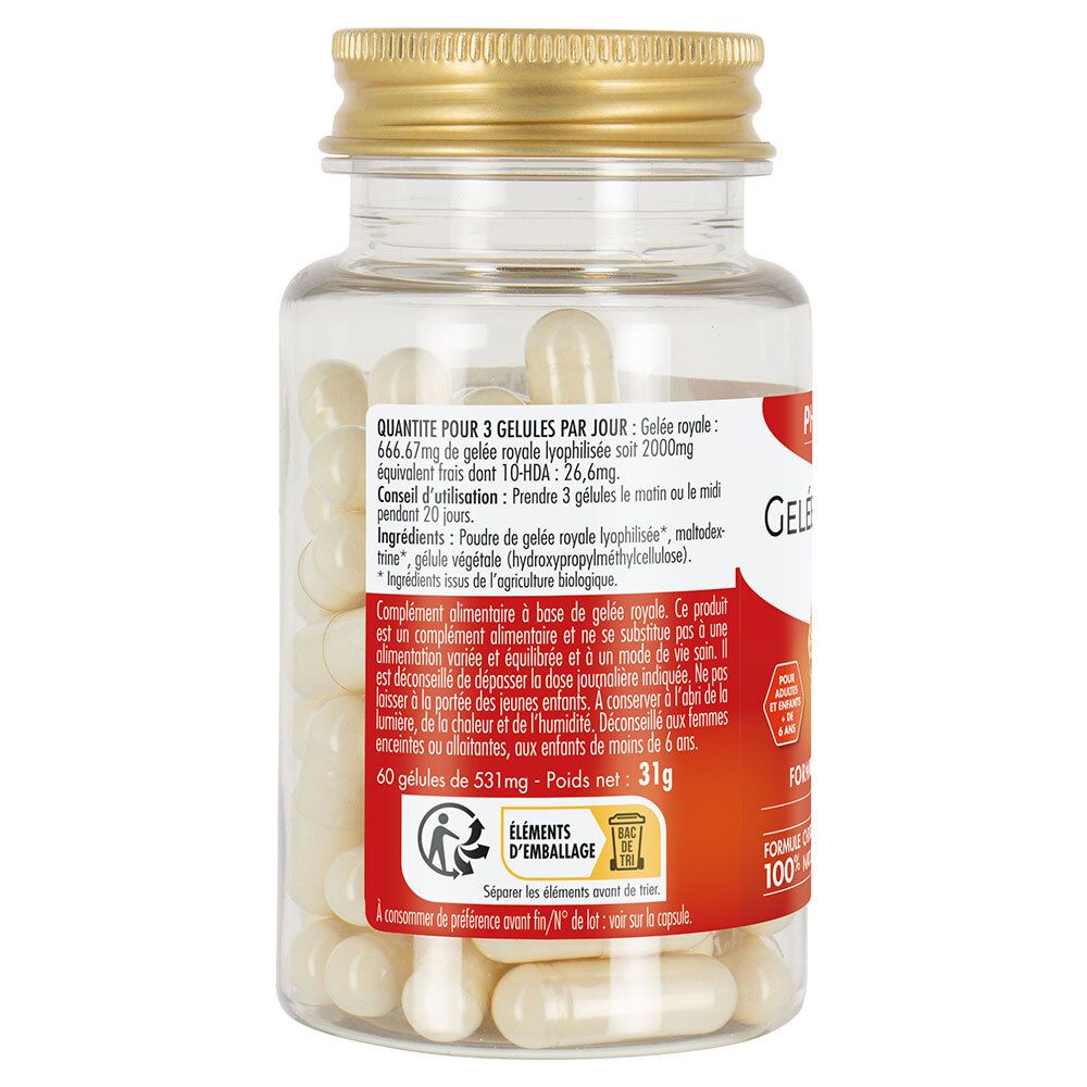 Dos du flacon avec informations produit. Contient des gélules. Bouchon doré.