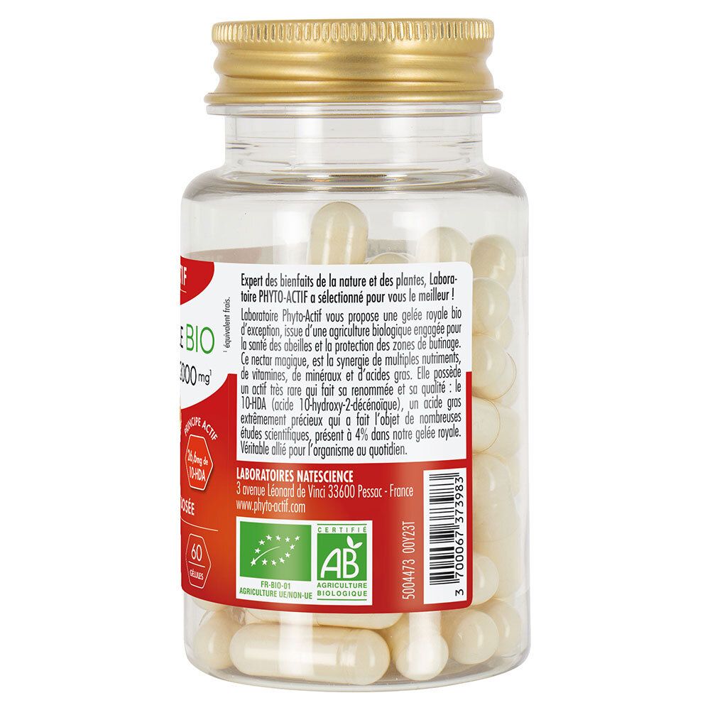 Dos du flacon avec informations produit. Contient des gélules. Bouchon doré.